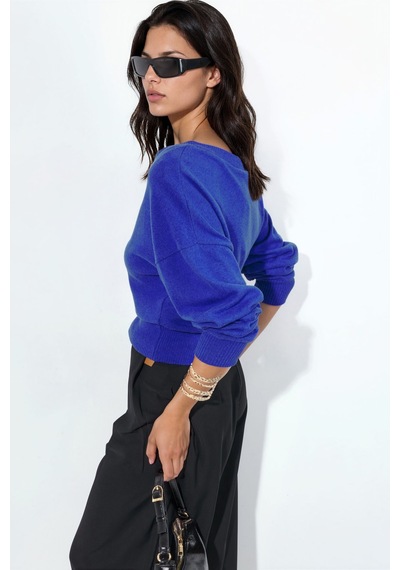 Hiccup Busem Kadın Kısa V Yaka Sweatshirt Kobalt Mavisi