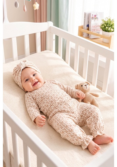 Babymod Kalp Desenli Natürel 3 'lü Pamuklu Kız Bebek Takım Ekru