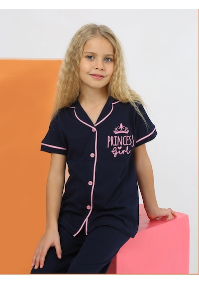 Kız Çocuk Kısa Kollu %100 Pamuklu Düğmeli Pijama Takımı Princess Indigo