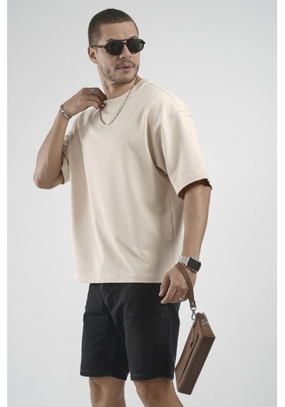 King Brich Oversize Kalıp Basic %100 Pamuklu Erkek Tişört Bej