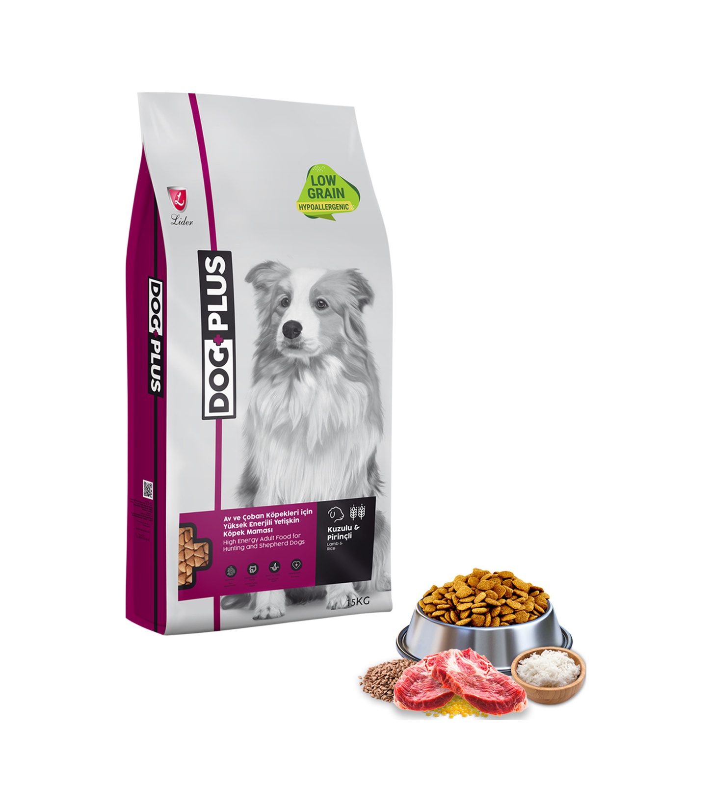 DogPlus Düşük Tahıllı Hipoalerjenik Kuzu Etli Pirinçli Yüksek Enerjili Yetişkin Köpek Maması 15 KG