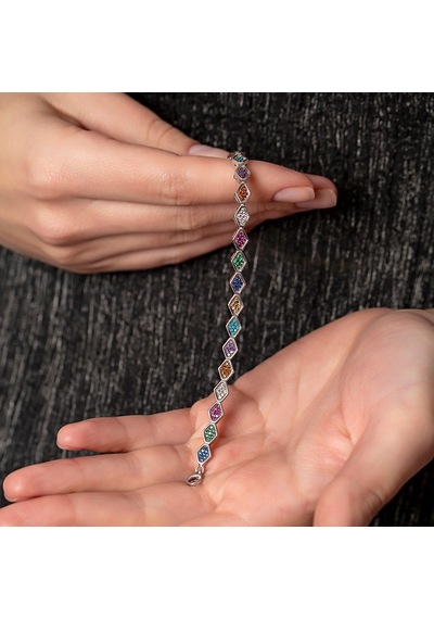 Tesbihane-Altıgen Tasarım Multicolor Zirkon Taşlı Tam Tur 925 Ayar Gümüş Ka