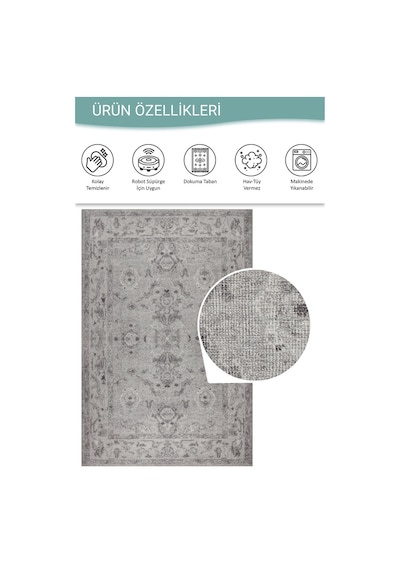 Artloop Relic Gri Vintage Dokulu Klasik Desenli Dokuma Tabanlı Şönil Halı Al 509 Gri - Kum Beji