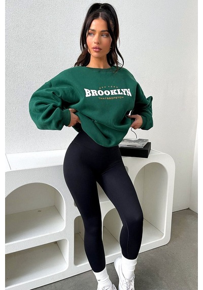 Brooklyn Thatssofetch Sweatshirt - Yeşil Baskılı Oversize Bisiklet Yaka Yeşil