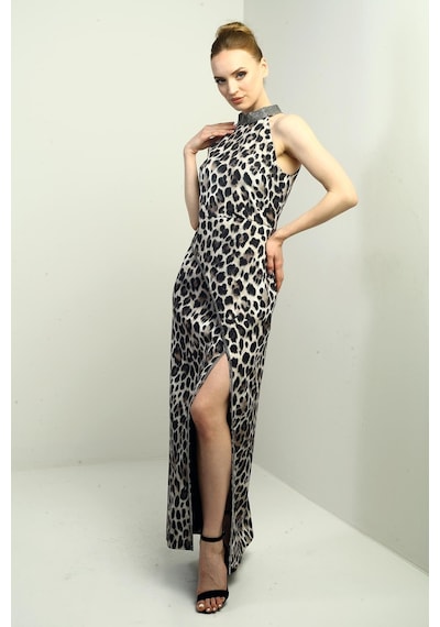 By Saygı Kadın Taş Detaylı Halter Yaka Leopar Desenli Kendinden Telalı Midi Elbise-40718 Bej