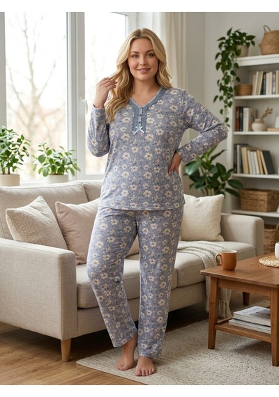 Büyük Beden Yumuşak Tuşeli Uzun Kol Likralı Pijama Takımı 8733 Gri