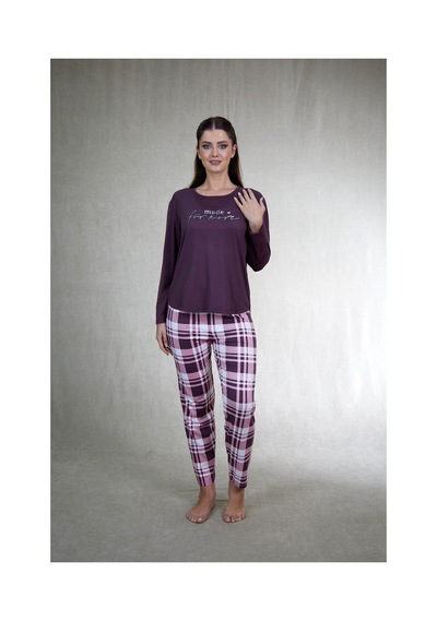 Estiva Kadın Kareli Alt Desenli Mürdüm Uzun Kollu Soft Pijama Takımı Çok renkli