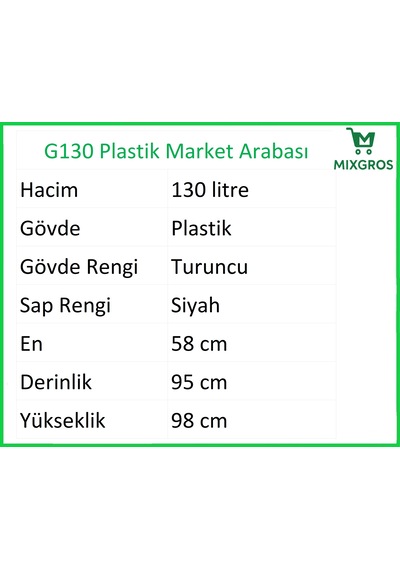 G130 Plastik Market Alışveriş Arabası 130 Litre Turuncu