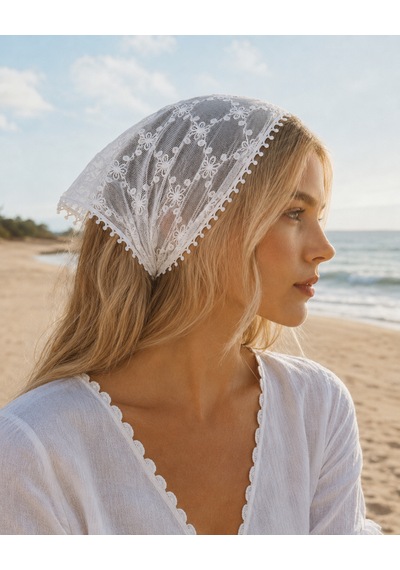 Haki Store Dantel Bandana Beyaz Çiçek Desenli Transparan Bel Bandanası Saç Ve Bel Aksesuarı