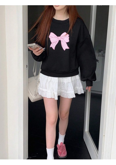 Startmore Block Bow Print Crew Neck Long Sleeve Black Sweatshirt,fall Clothes Çok Renkli