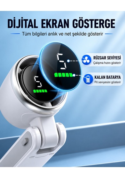 Dijital Göstergeli Katlanabilir Şarjlı El Fanı Beyaz 12000 Rpm 5 Kademeli Usb-c Taşınabilir Mini Vantilatör Boyun Askılı