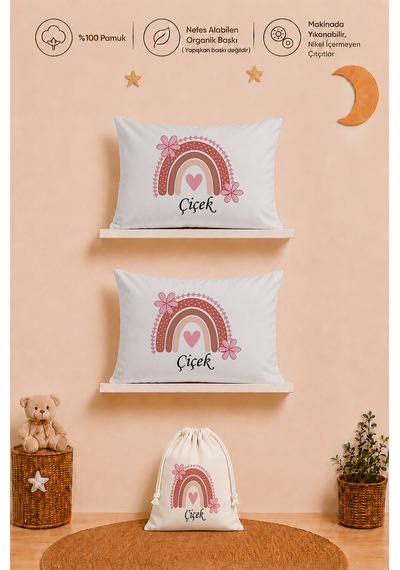 İsme Özel Kız Bebek Hediyesi 2 Adet 35x45 %100 Pamuk Yastık Kılıfı Ve Ham Bez Bebek Kıyafet Kesesi 1003y2k3x