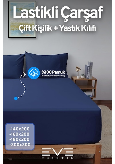 Eve Tekstil Pamuklu Çift Kişilik Rainforce Kumaş Lastikli Çarşaf Ve Yastık Kılıfı Set Lacivert