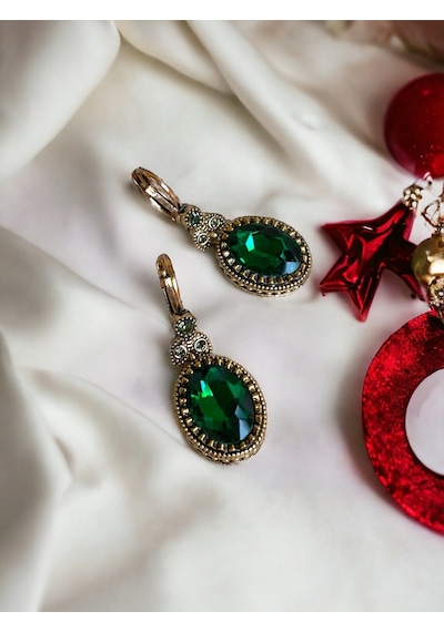 Kristal Taşlı Oval Kesim Sallantılı Küpe Yeşil