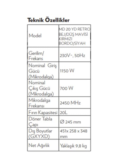 Vestel MD 20 YD Mikrodalga Fırın Retro Siyah