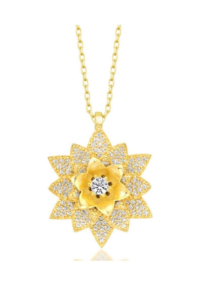 Gümüş Gold Beyaz Taşlı Lotus Çiçeği Kadın Kolye Çok Renkli Çok Renkli