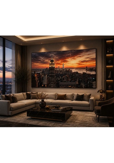 New York Gün Batımı Şehir Manzaralı Kanvas Tablo Premium Modern Duvar Dekoru Ofis, Yönetici Odası, Salon Ve Çalışma Alanları İçin Lüks Dekoratif Tablo