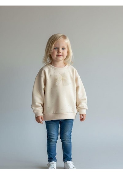 Zekids Kız Bebek Pamuklu Taşlı Fiyonk Detaylı Oversize Tasarım Sweatshirt-16558 Krem