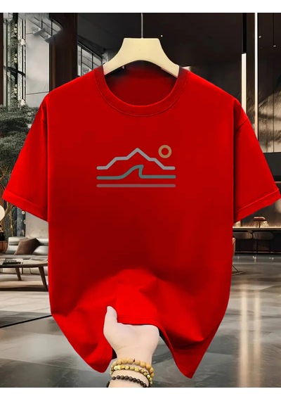 Unisex Güneşli Dağ Tasarım Basklı Tshirt Kırmızı Unisex Güneşli Dağ Tasarım Basklı Tshirt Kırmızı
