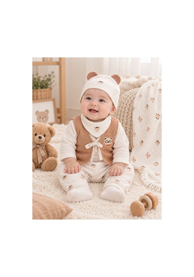 Eray Alp Kids Erkek Bebek Ayıcık Baskılı 10'lu Erkek Müslin Hastane Çıkışı Zıbın Seti Kahverengi