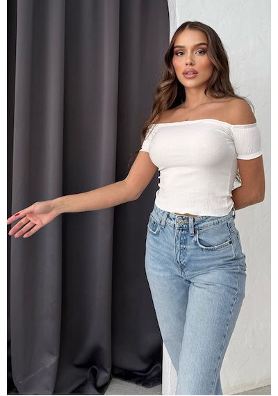 Lesa Wear Soft Touch Kayıkçı Yaka Dekolteli Basic Crop Bluz Beyaz