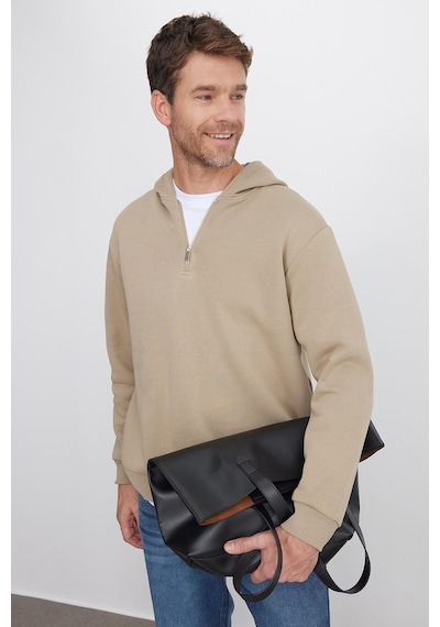 Tudors Unisex Relax Fit Rahat Kesim Pamuklu İçi Polarlı Yarım Fermuarlı Taş Renk Kapüşonlu Sweatshirt-37024 Gri