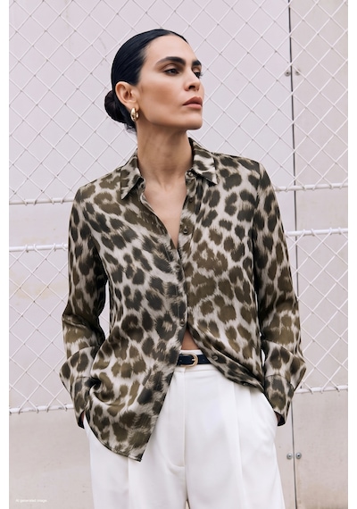 Sateen Leopar Desenli Klasik Gömlek - Kahve-137906