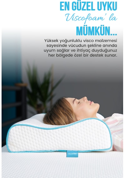 Viscofoam Yüksek Boyun Destekli Ortopedik Yastık Çift Boyun Destekli Visco Yastık - 60x40x14-12cm