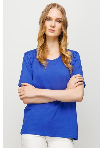Kadın Sıfır Yaka Basic Penye T-shirt Saks Saks