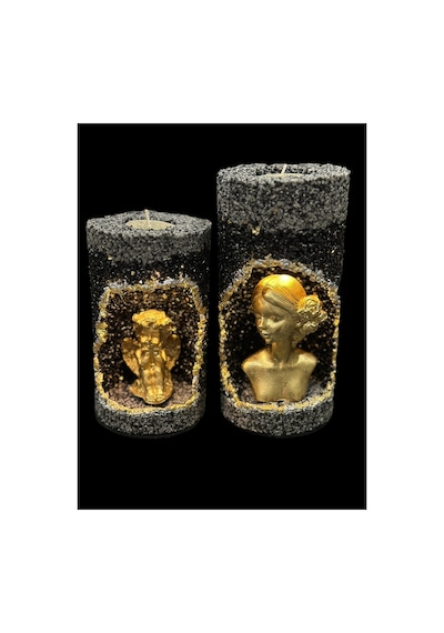Kadın Ve Melek Figürlü Led Işıklı Tealight Mumluk 2 Li Siyah Gold Ve Gümüş 20x10 Ve 16x10 Cm