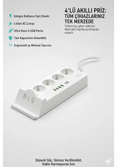 Akım Korumalı Priz Ve Masaüstü Şarj İstasyonu Kablosuz 4 Priz,4 Usb, 2 Type-c Girişli 2 Metre Standart