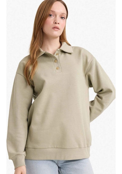 Defacto Regular Fit Polo Yaka İçi Yumuşak Tüylü Kalın Sweatshirt Tunik F3085ax25wngn497 Yeşil-gn497