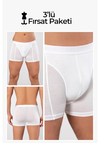 Weweus Beyaz 3'lü Micro Modal Premium Erkek Boxer 14183 Beyaz