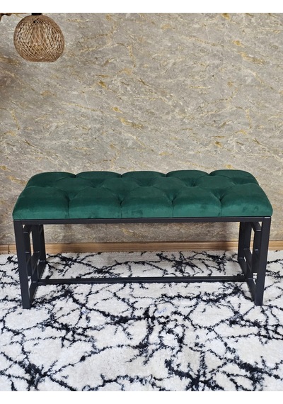 Zafir Siyah Boyalı İçi Kareli Diktörtgen 100 Cm X 40 Cm Oturak Puf - Bench - Makyaj Oturağı - Oturak Yeşil