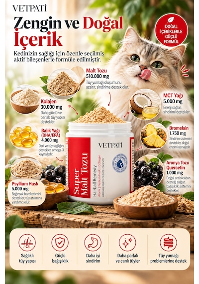 Vetpati Super Malt Tozu Kedi Maltı Psyllium Kollajen Omega 3 Taurin Tüy Yumağı Ve Sindirim Desteği