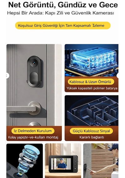 Kablosuz Görüntülü Kapı Zili 4.3 İnç Ips Ekran Çift Yönlü Konuşma Gece Görüşlü Şarjlı Akıllı Kapı Zili