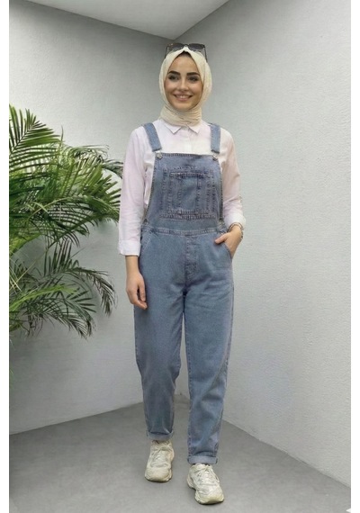 Hb Harma Time Butik Kadın Askılı Cep Detaylı Kot Mavi Tulum Mavi Mavi
