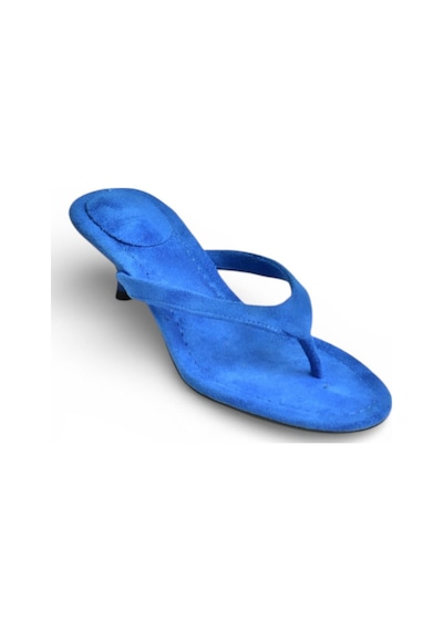Fox Shoes Y518342802 Saks Mavi Süet Parmak Arası Kısa Topuklu Kadın Terlik Saks Mavi