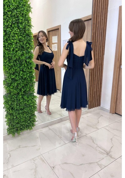 By Saygı Kadın Omuzu Bağcıklı Astarlı Kısa Elbise-41305 Lacivert