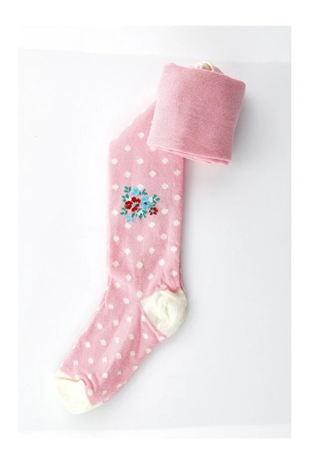 Veraye Socks Çiçek Desen Puanlı Kız Külotlu Çorap Pamuklu Penye 3'lü Kırmızı-mor-pembe