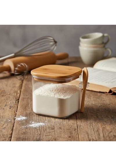 600 Ml Bambu Kapaklı Ve Kaşıklı Kare Cam Kavanoz, Vakumlu Ahşap Kapaklı Baharatlık, Kendinden Kaşık Yuvalı Şe Diğer