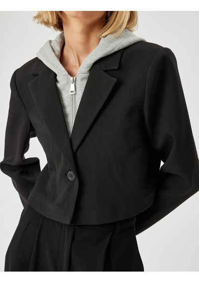 Koton Kapüşonlu Crop Blazer Ceket Kruvaze Düğmeli Siyah 5wak50052uw