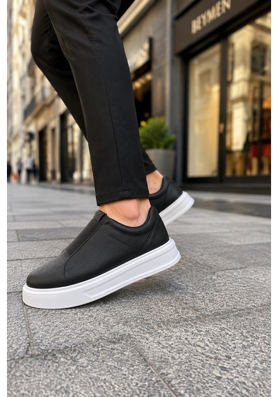 Mevese Torino Erkek Bağcıksız Cilt Günlük Sneaker Ayakkabı Ortopedik Kalın Taban Siyah