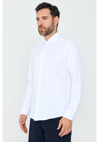 White Stone Beyaz Dokulu Dynamic Fit Erkek Uzun Kollu Gömlek Beyaz-01