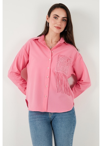 Lela Regular Fit Güpürlü Cep Detaylı Uzun Kollu Bayan Gömlek 6773215 Şeker Pembe