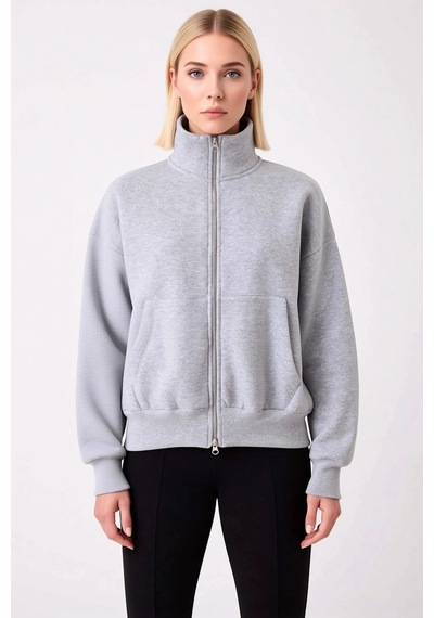 Benerly Kadın Dik Yaka Düşük Kol Fermuarlı Geniş Kalıp Sweatshirt Fonksiy Gri Melanj