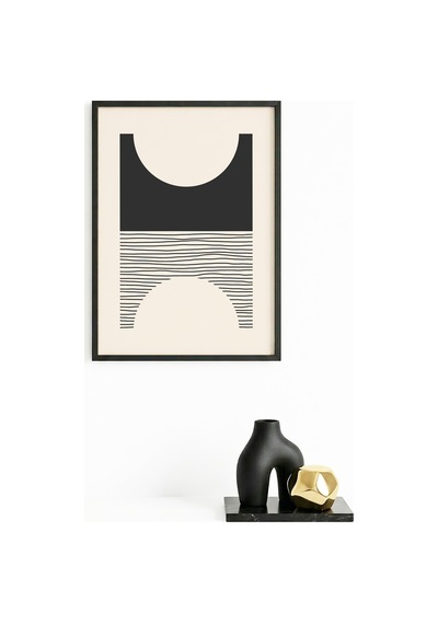 Doğal Ahşap Çerçeveli Minimal Siyah Desenli Tablo - Modern Huhu1424