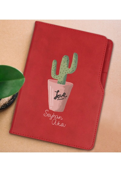 Bk Gift Kişiye Özel Kaktüs Tasarımlı Kırmızı Termo Deri Not Defteri 15x21cm-5