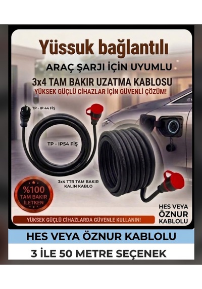 Hes Veya Öznur Kablo Araç Sarj Uzatma 3-50 Metre Arası 3x4 Mm Ttr Tam Bakır 16amper - 3.7 Kw Kablosu Seyyra 30 M
