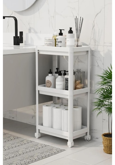 3 Katlı Banyo Raf Ünitesi, Banyo Düzenleyici, Şampuanlık, Beyaz